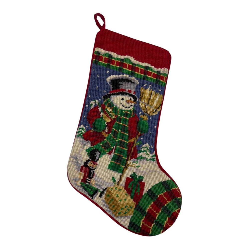 Vintage Needlepoint Christmas Stocking Nutcracker Wool Hand Stitched Snowman